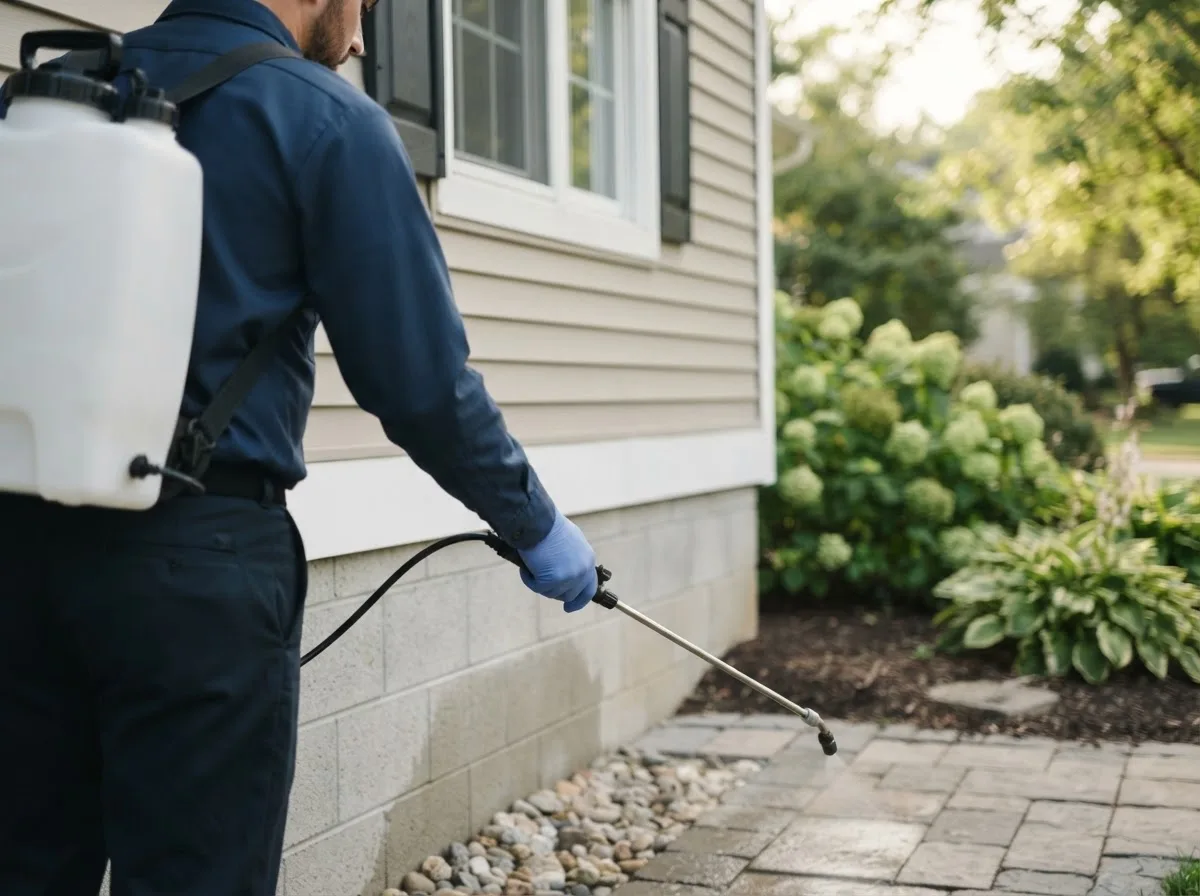 Pest control technician inspecting a home in Xenia, IL